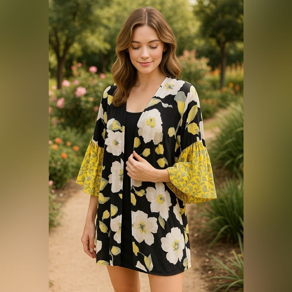 Coco + Carmen Yellow Floral Bell Sleeve Kimono Top OSFM
